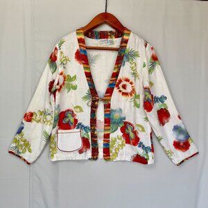 Chico's 100% Linen Ivory Water Color Floral Tie Front Long Sleeve Top Size M